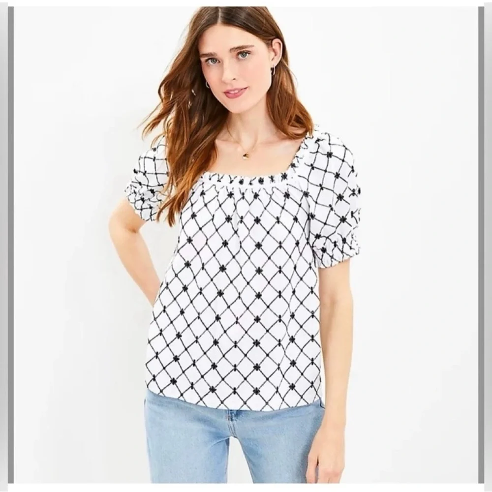 LOFT Eyelet Embroidery Puff Sleeve Black White Square Neck Blouse Size M